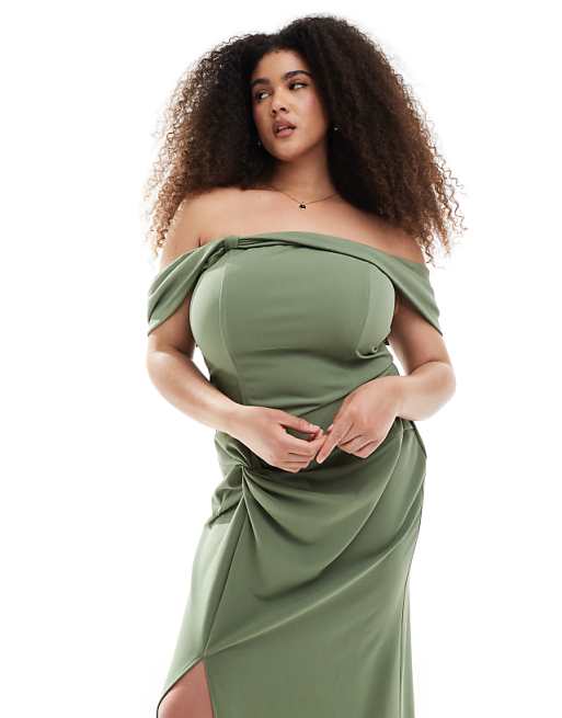 TFNC Plus Bridesmaid Fallen Shoulder Maxi Dress With Split In Dark Green