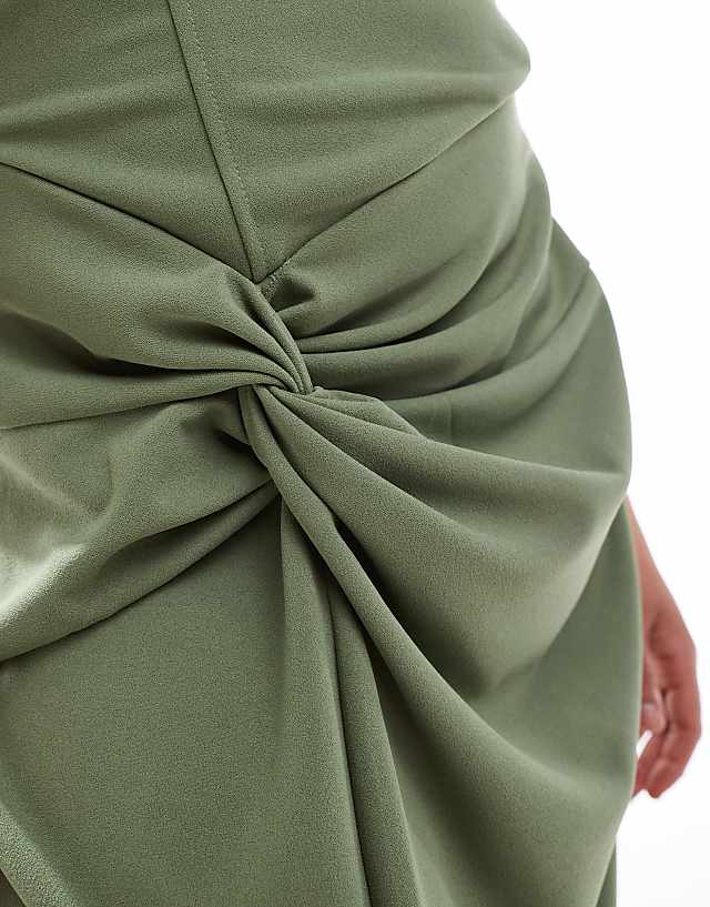 TFNC Plus Bridesmaid Fallen Shoulder Maxi Dress With Split In Dark Green