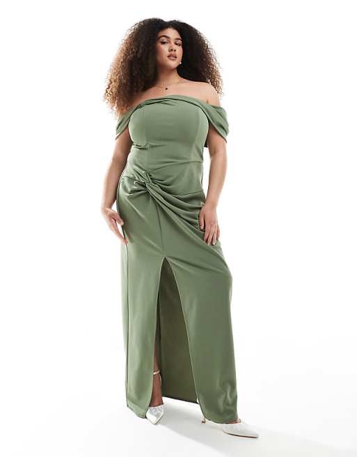 TFNC Plus Bridesmaid Fallen Shoulder Maxi Dress With Split In Dark Green