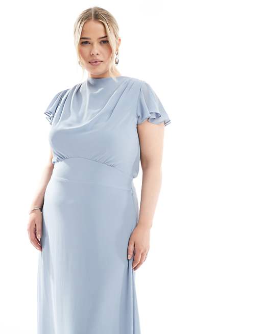TFNC Plus Bridesmaid Flutter Sleeve Cowl Back Chiffon Maxi Dress In Dusty Blue