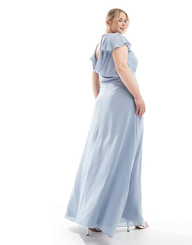 TFNC Plus Bridesmaid Flutter Sleeve Cowl Back Chiffon Maxi Dress In Dusty Blue