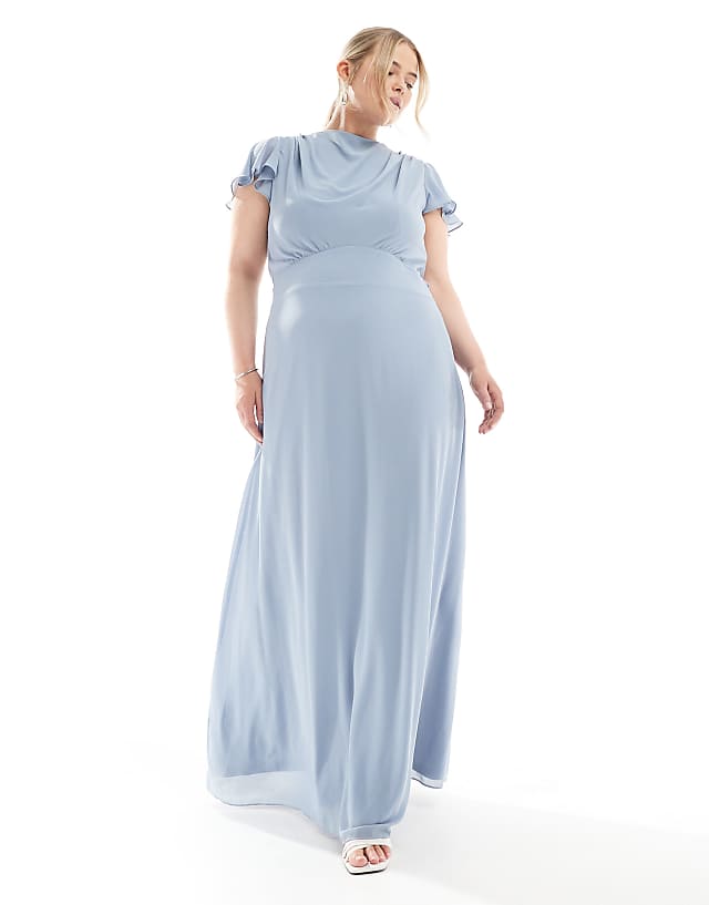 TFNC Plus Bridesmaid Flutter Sleeve Cowl Back Chiffon Maxi Dress In Dusty Blue
