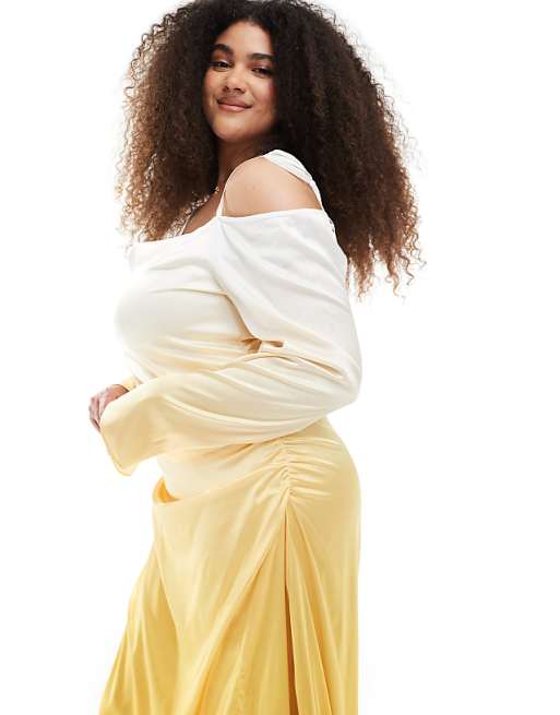 TFNC Plus Bridesmaid Long Sleeve Ombre Maxi Dress In Lemon Ombre