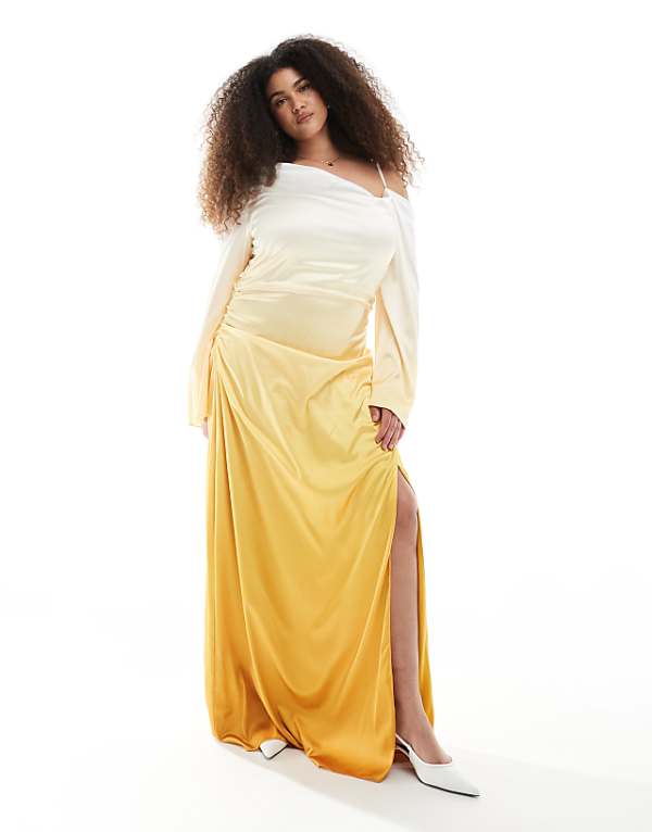 TFNC Plus Bridesmaid Long Sleeve Ombre Maxi Dress In Lemon Ombre