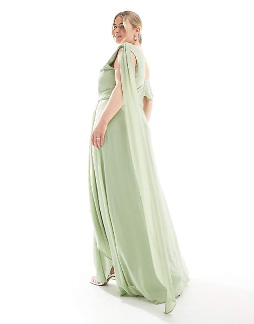 TFNC Plus Bridesmaid One Shoulder Drape Maxi Dress With Wrap Skirt In Sage Green