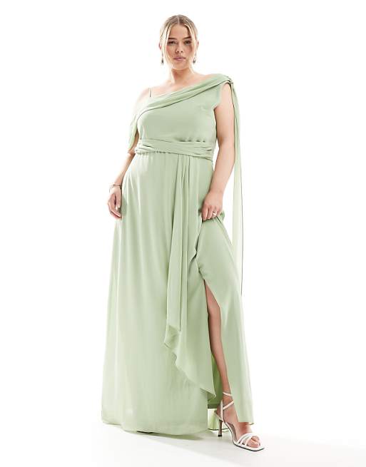 TFNC Plus Bridesmaid One Shoulder Drape Maxi Dress With Wrap Skirt In Sage Green