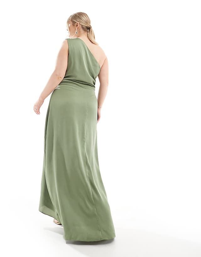 TFNC Plus Bridesmaid One Shoulder Satin Maxi Dress With Wrap Skirt In Dark Green
