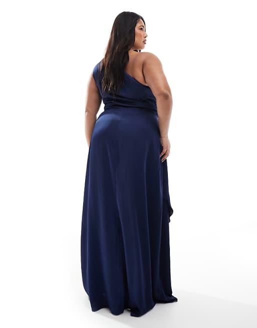 TFNC Plus Bridesmaid One Shoulder Satin Maxi Dress With Wrap Skirt In Navy