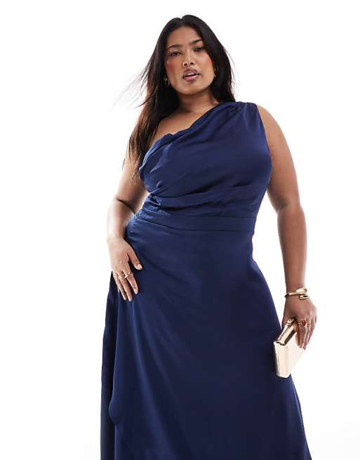 TFNC Plus Bridesmaid One Shoulder Satin Maxi Dress With Wrap Skirt In Navy