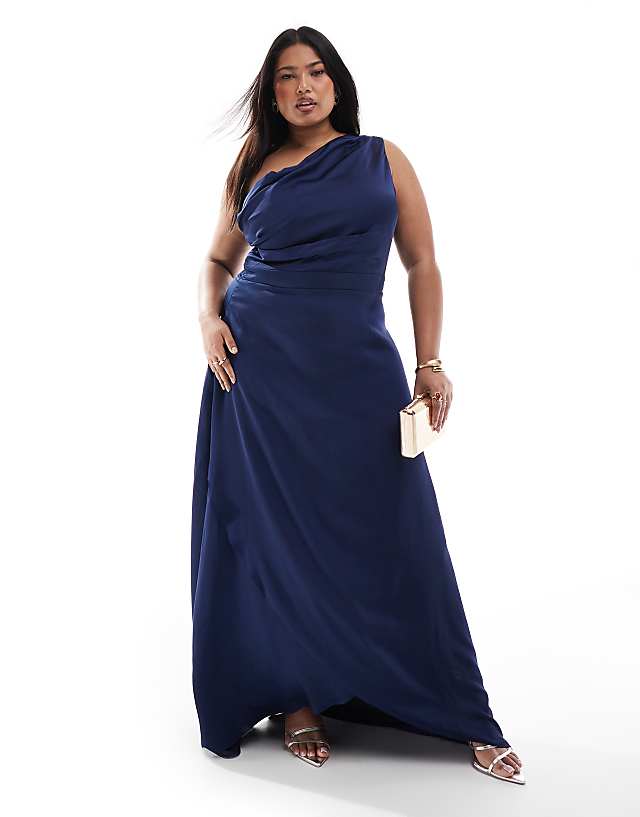 TFNC Plus Bridesmaid one shoulder satin maxi dress with wrap skirt in navy