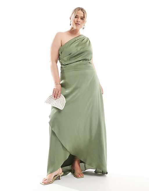 TFNC Plus Bridesmaid one shoulder satin maxi dress with wrap skirt in dark green