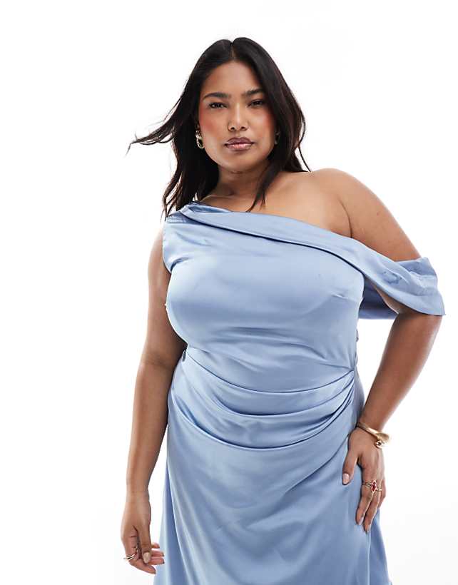 TFNC Plus Bridesmaid Satin Fallen Shoulder Maxi Dress With Wrap Skirt In Dusty Blue