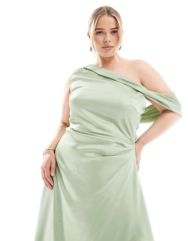 TFNC Plus Bridesmaid Satin Fallen Shoulder Maxi Dress With Wrap Skirt In Sage