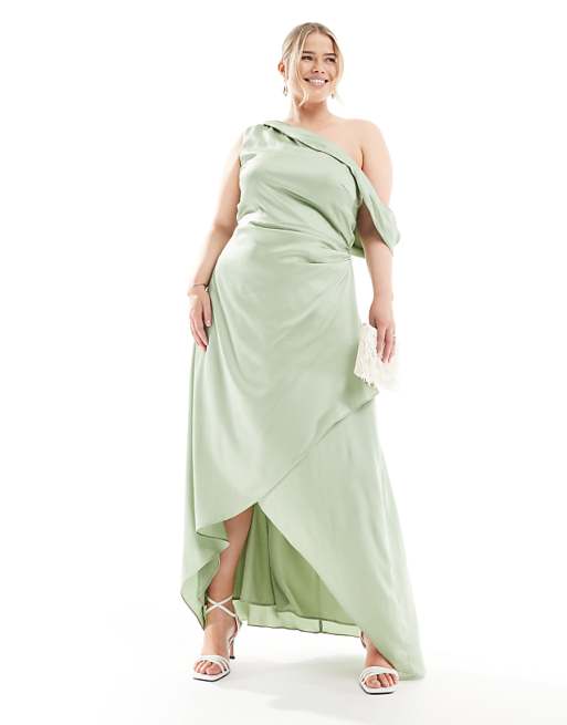 TFNC Plus Bridesmaid satin fallen shoulder maxi dress with wrap skirt in sage