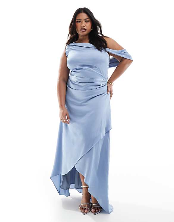TFNC Plus Bridesmaid satin fallen shoulder maxi dress with wrap skirt in dusty blue