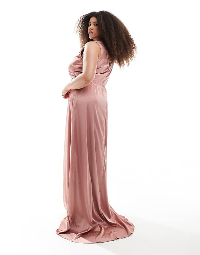 TFNC Plus Bridesmaid Satin Maxi Dress With Scalloped Lace Detail In Dusky Pink
