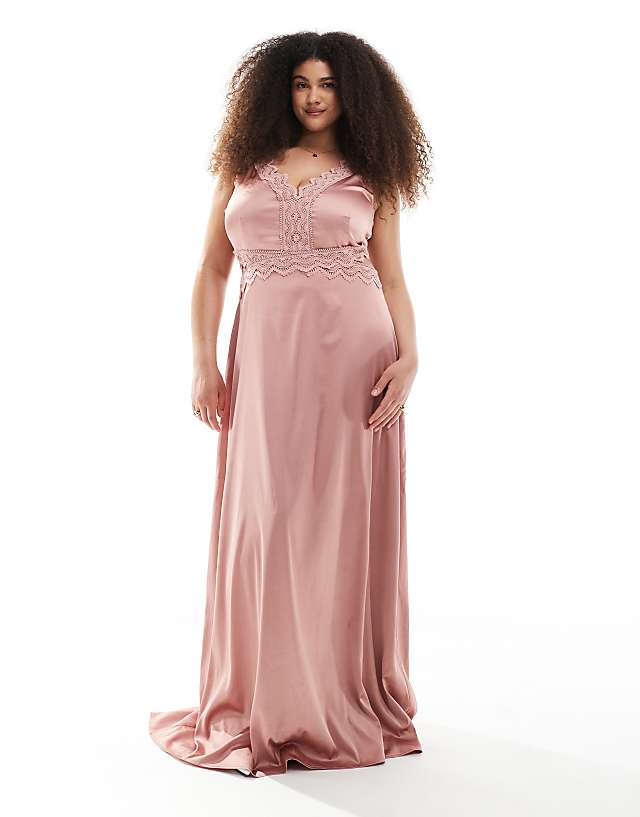 TFNC Plus Bridesmaid satin maxi dress with scalloped lace detail in dusky pink