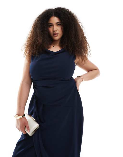 TFNC Plus Bridesmaid Slash Neck Maxi Dress With Ruching Detail In Navy