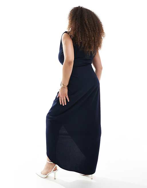 TFNC Plus Bridesmaid Slash Neck Maxi Dress With Ruching Detail In Navy