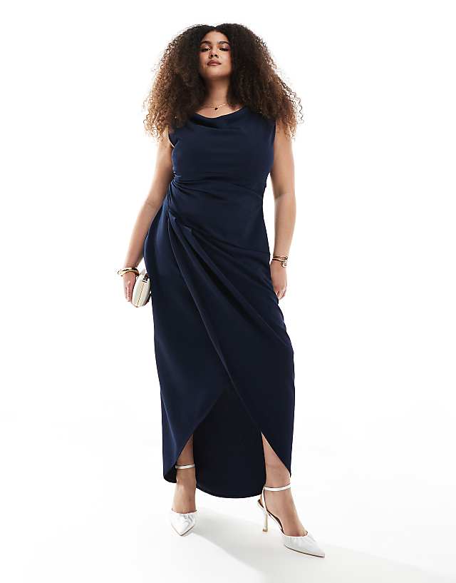 TFNC Plus Bridesmaid slash neck maxi dress with ruching detail in navy