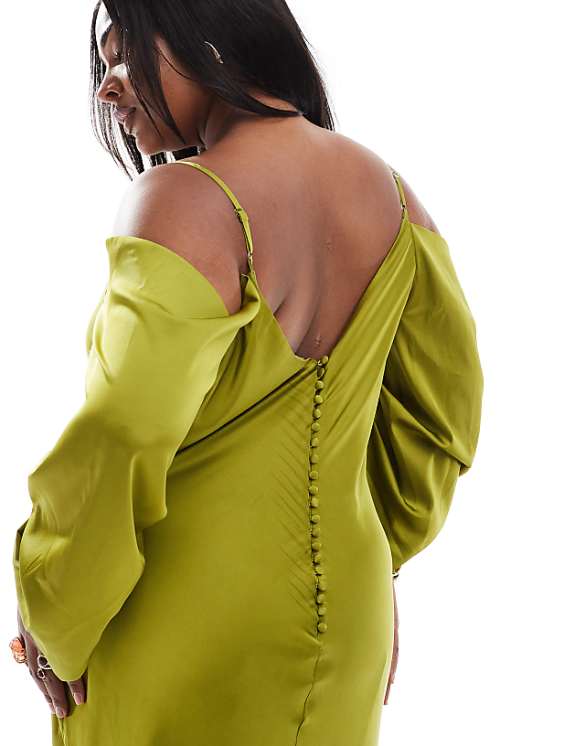 TFNC Plus Bridesmaids Cowl Cold Shoulder Maxi Dress With Ruched Sleeves In Olive