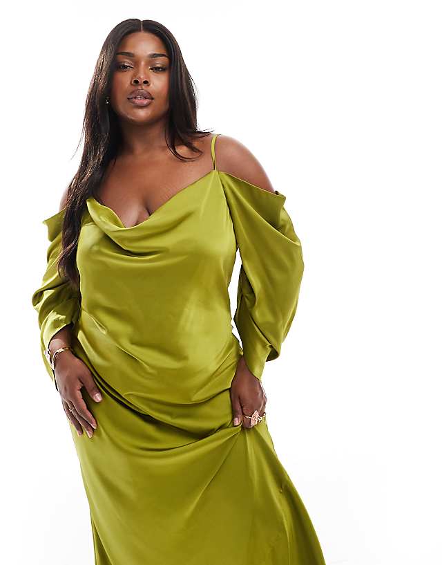 TFNC Plus Bridesmaids Cowl Cold Shoulder Maxi Dress With Ruched Sleeves In Olive
