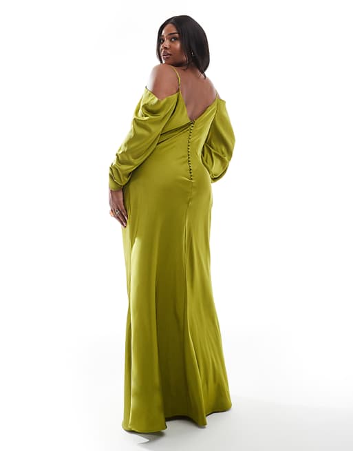 TFNC Plus Bridesmaids Cowl Cold Shoulder Maxi Dress With Ruched Sleeves In Olive