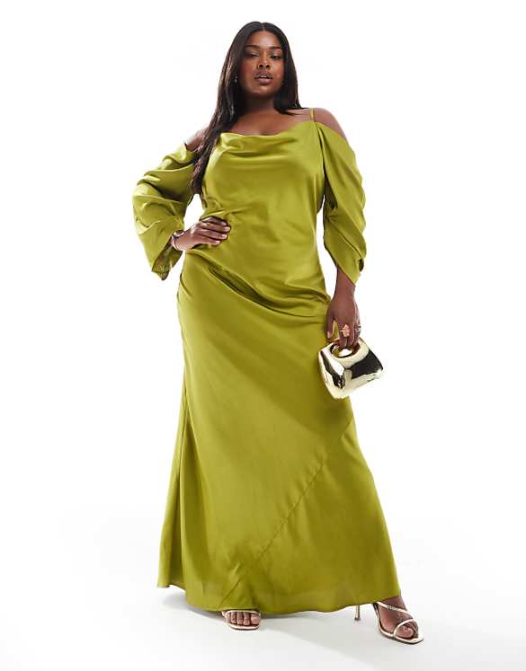 TFNC Plus Bridesmaids cowl cold shoulder maxi dress with ruched sleeves in olive