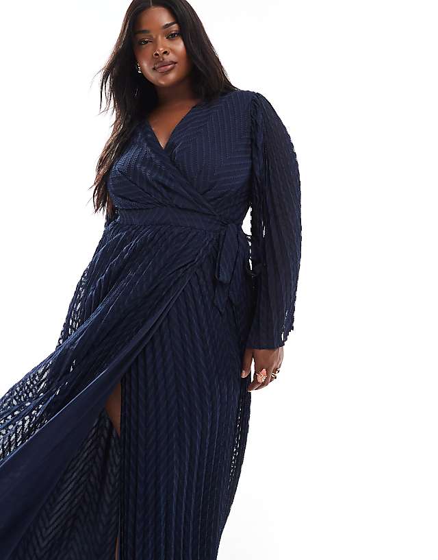 TFNC Plus Bridesmaids Jacquard Pleated Wrap Maxi Dress In Navy