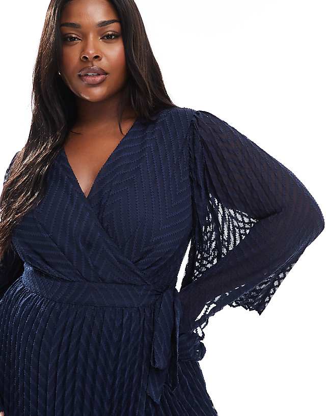 TFNC Plus Bridesmaids Jacquard Pleated Wrap Maxi Dress In Navy