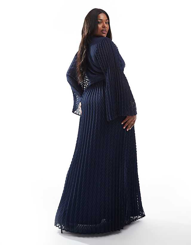 TFNC Plus Bridesmaids Jacquard Pleated Wrap Maxi Dress In Navy