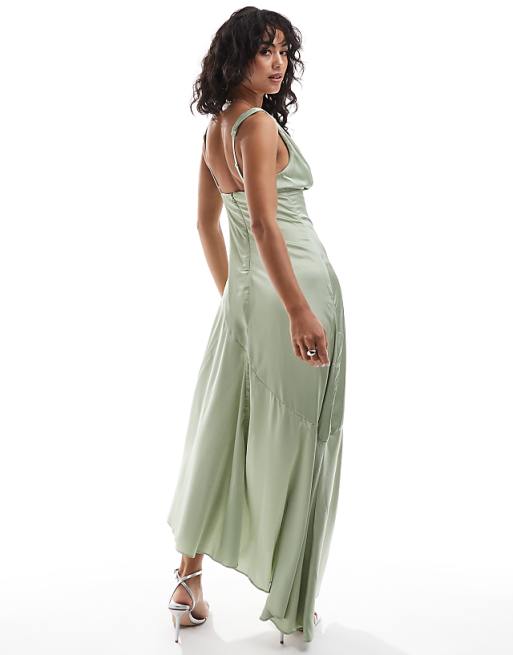 TFNC Satin Maxi Dress With Panelled Skirt In Sage