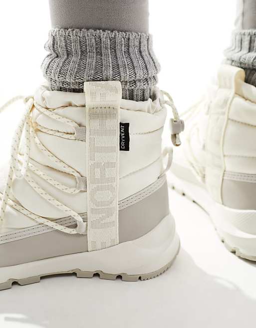 The North Face Thermoball Insulated Lace Up Boots In Cream And Grey
