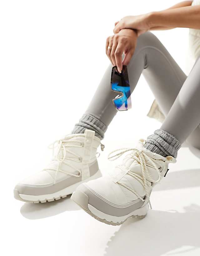 The North Face Thermoball Insulated Lace Up Boots In Cream And Grey