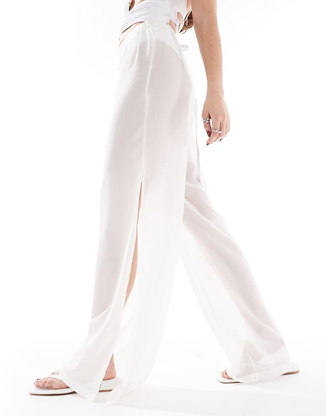 Threadbare Sheer Wide Leg Beach Trousers With Side Split In White