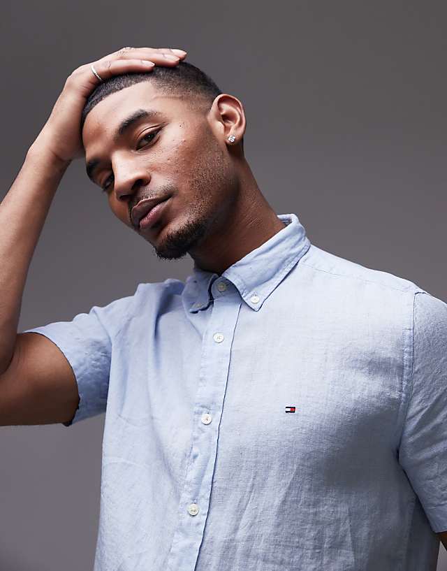 Tommy Hilfiger Linen Short Sleeve Shirt In Pale Blue