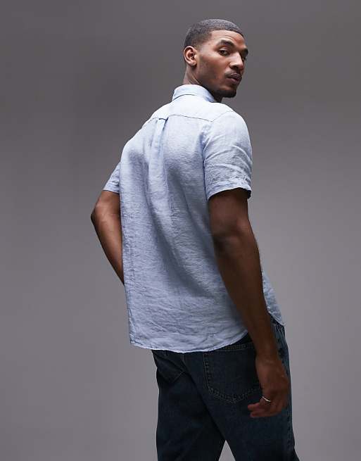 Tommy Hilfiger Linen Short Sleeve Shirt In Pale Blue