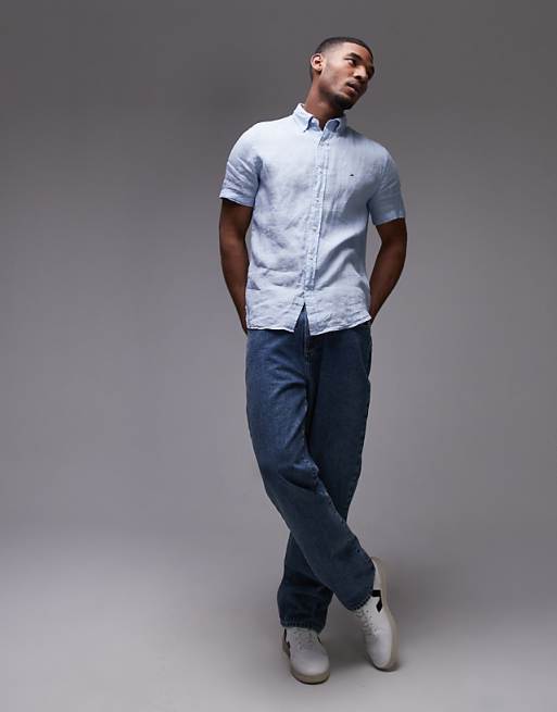 Tommy Hilfiger Linen Short Sleeve Shirt In Pale Blue