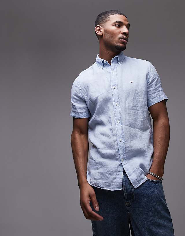 Tommy Hilfiger linen short sleeve shirt in pale blue