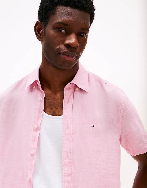 Tommy Hilfiger Short Sleeve Regular Fit Linen Shirt In Pink
