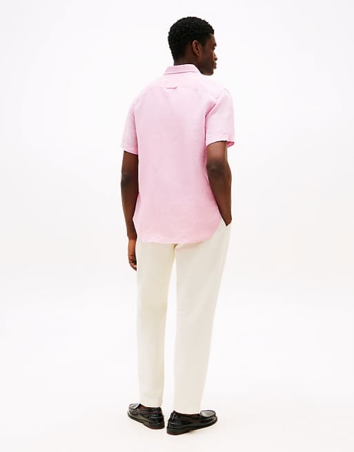 Tommy Hilfiger Short Sleeve Regular Fit Linen Shirt In Pink