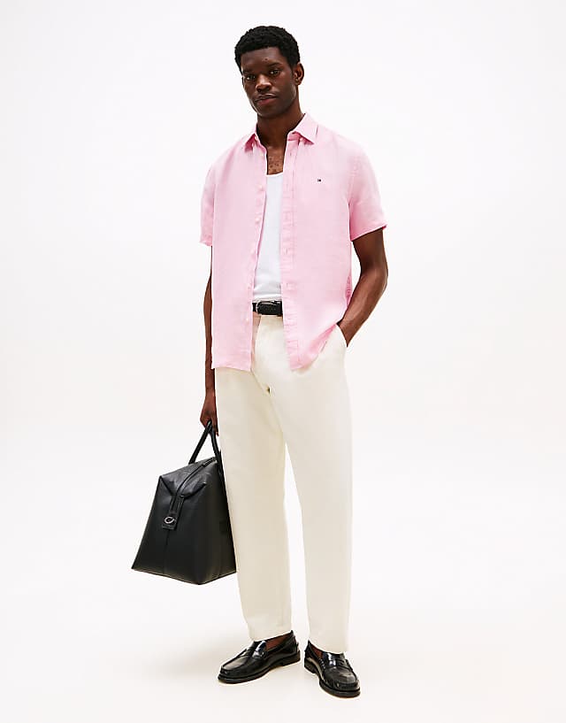 Tommy Hilfiger Short Sleeve Regular Fit Linen Shirt In Pink