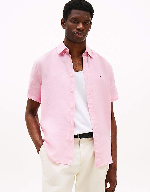 Tommy Hilfiger Short sleeve regular fit linen shirt in pink