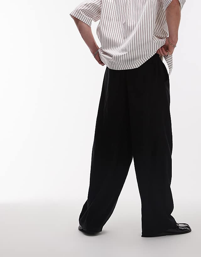 Topman Casual Linen Blend Relaxed Trousers In Black