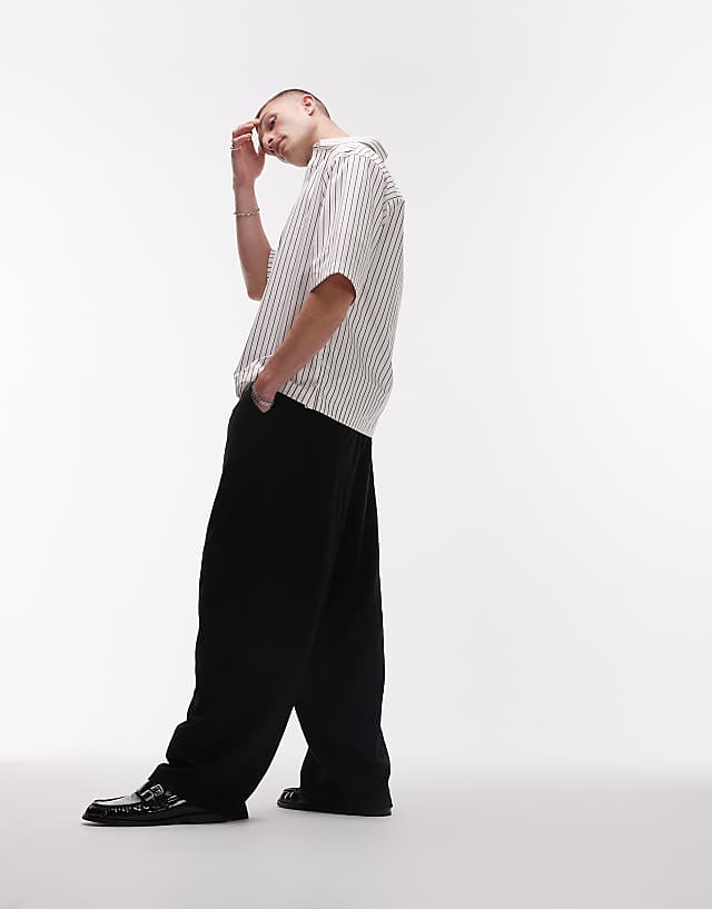 Topman Casual Linen Blend Relaxed Trousers In Black