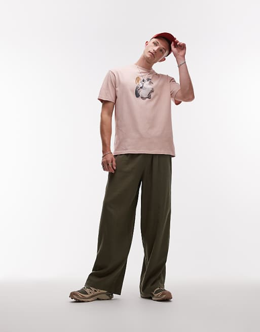 Topman Casual Linen Blend Relaxed Trousers In Khaki