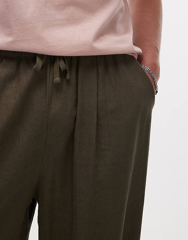 Topman Casual Linen Blend Relaxed Trousers In Khaki