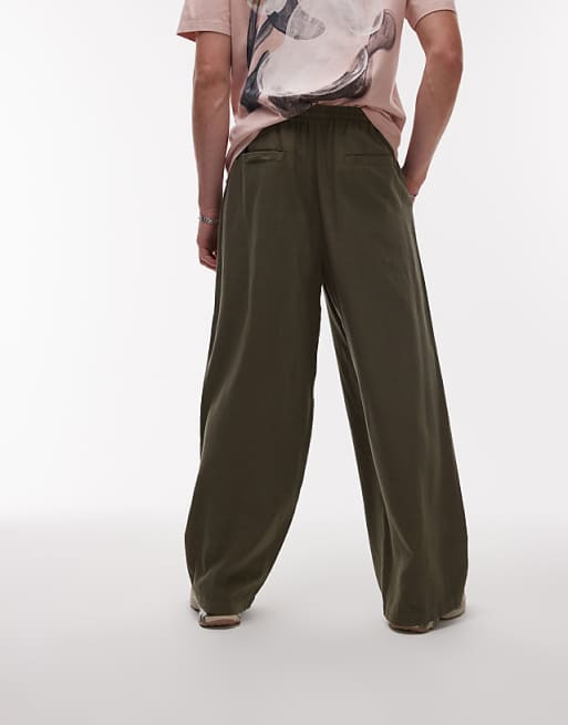 Topman Casual Linen Blend Relaxed Trousers In Khaki