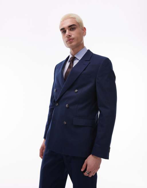 Topman Double Breasted Linen Blend Suit In Navy