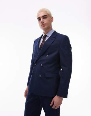 Topman Double Breasted Linen Blend Suit In Navy